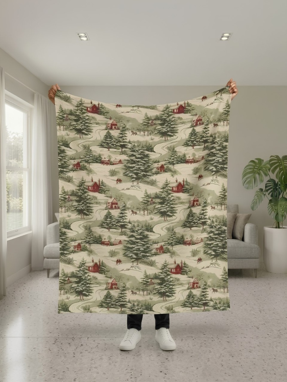 Holiday Cabin Throw Blanket - Cream & Green